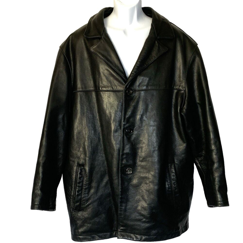 Vintage Marc New York Men’s Black Leather Jacket XL Button Front Coat Heavy Y2K
